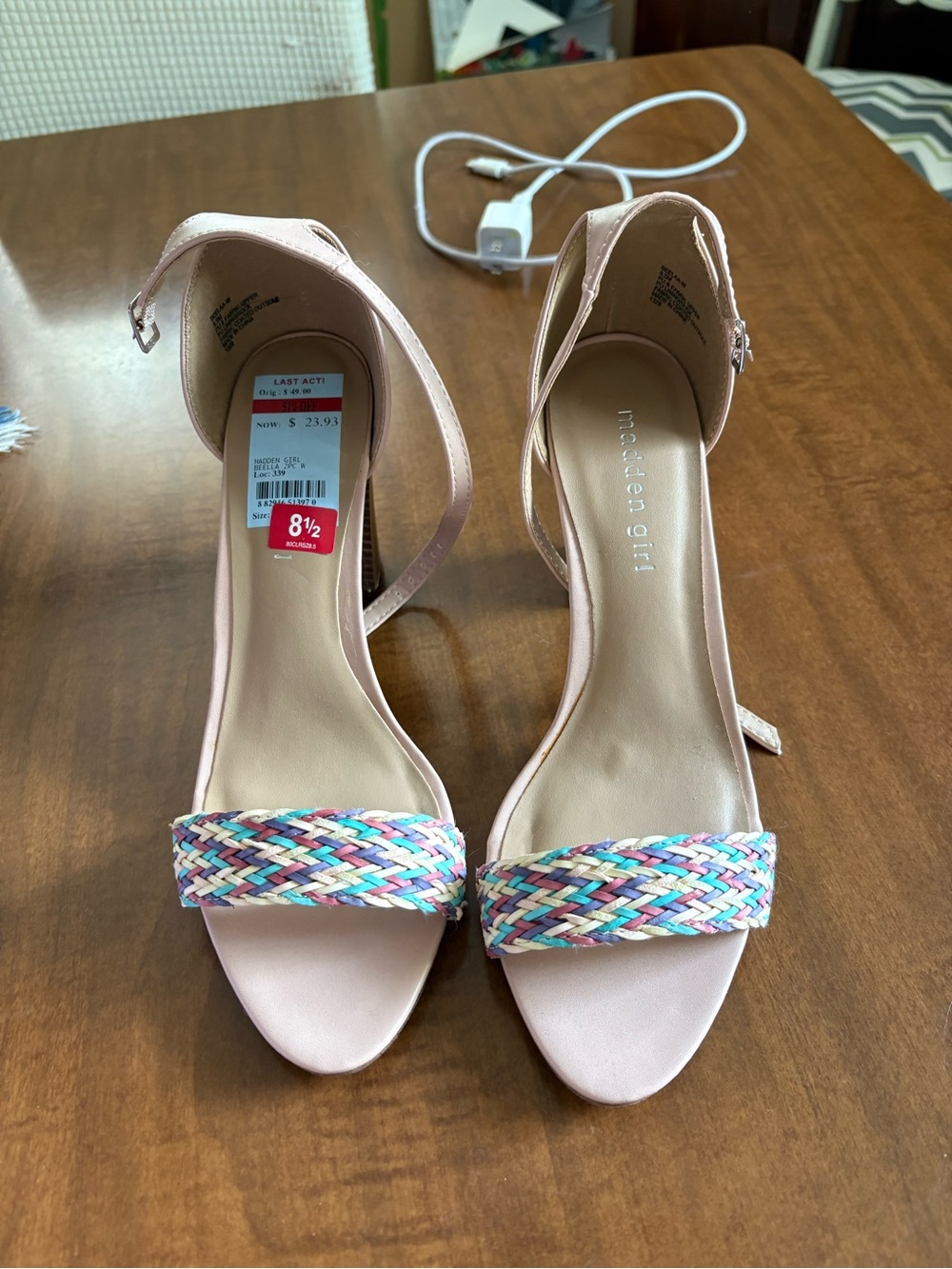Madden Girl Light Pink Open-Toe Heels with Multicolor Braided Strap